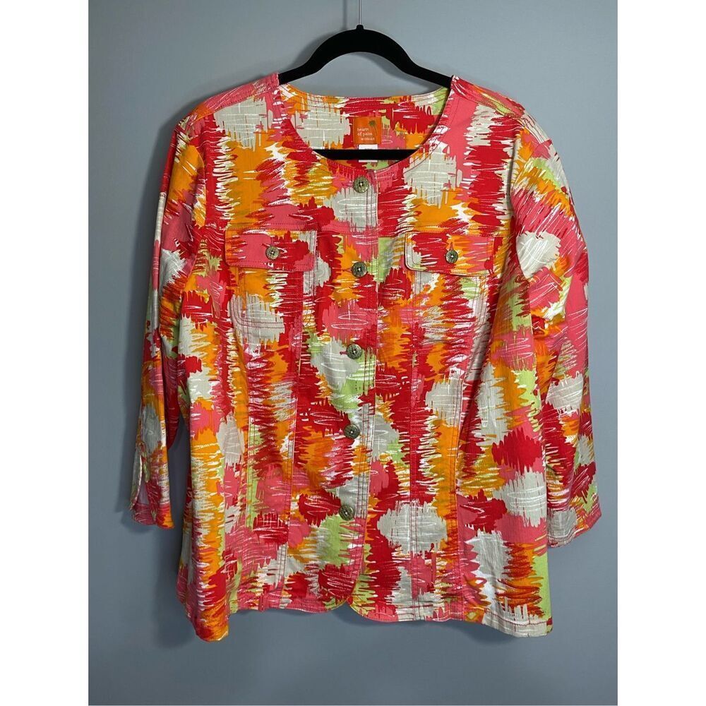 Size 20W, hearts of palm woman, jean jacket with vibrant pattern.  Like new.